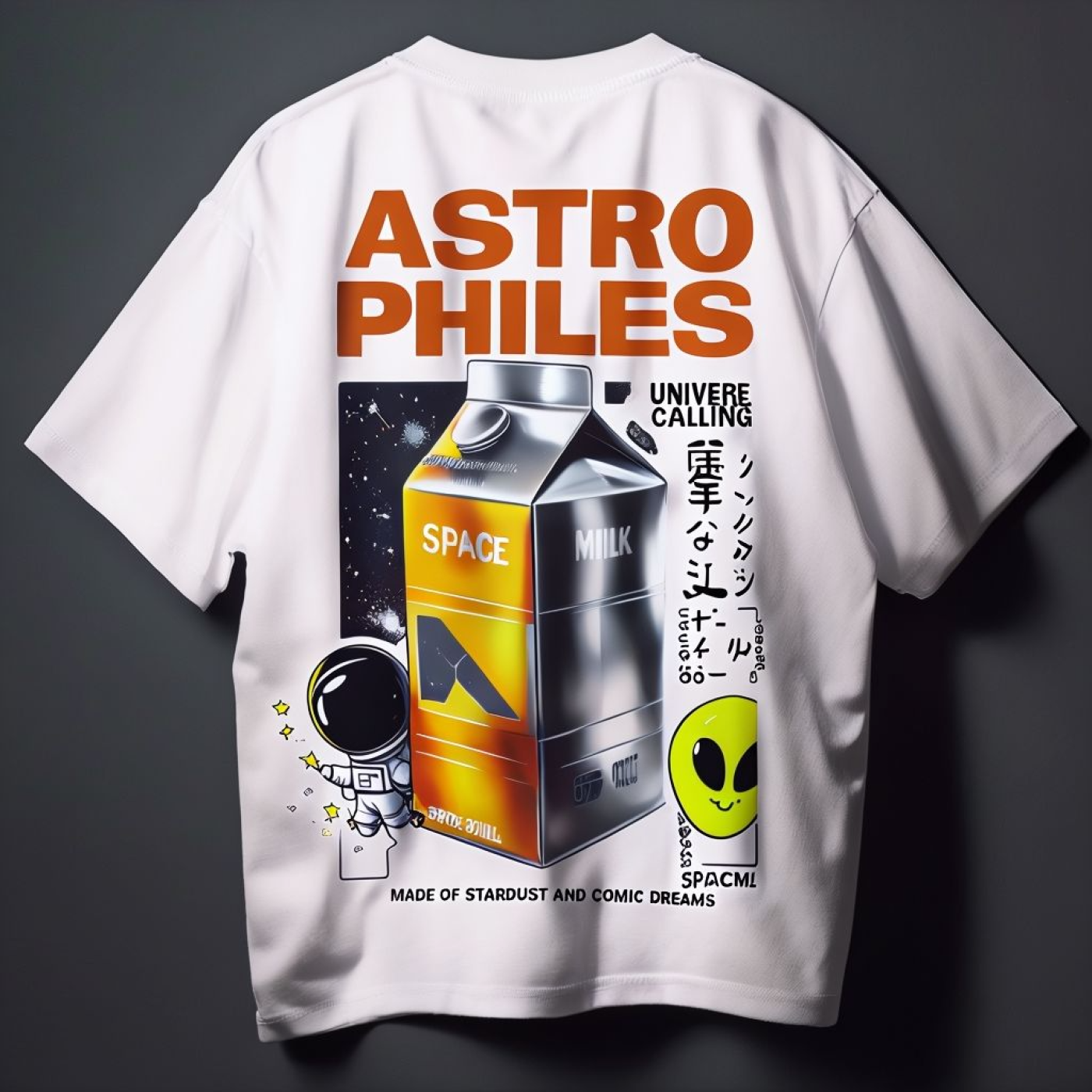 White T-shirt Displaying Playful Cartoon Design On Dark Background